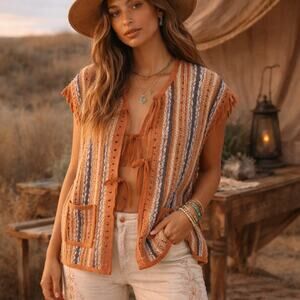 Pilcro Women's SZ L Striped Cardigan Sweater Vest Front Ties Pockets Fringe BOHO